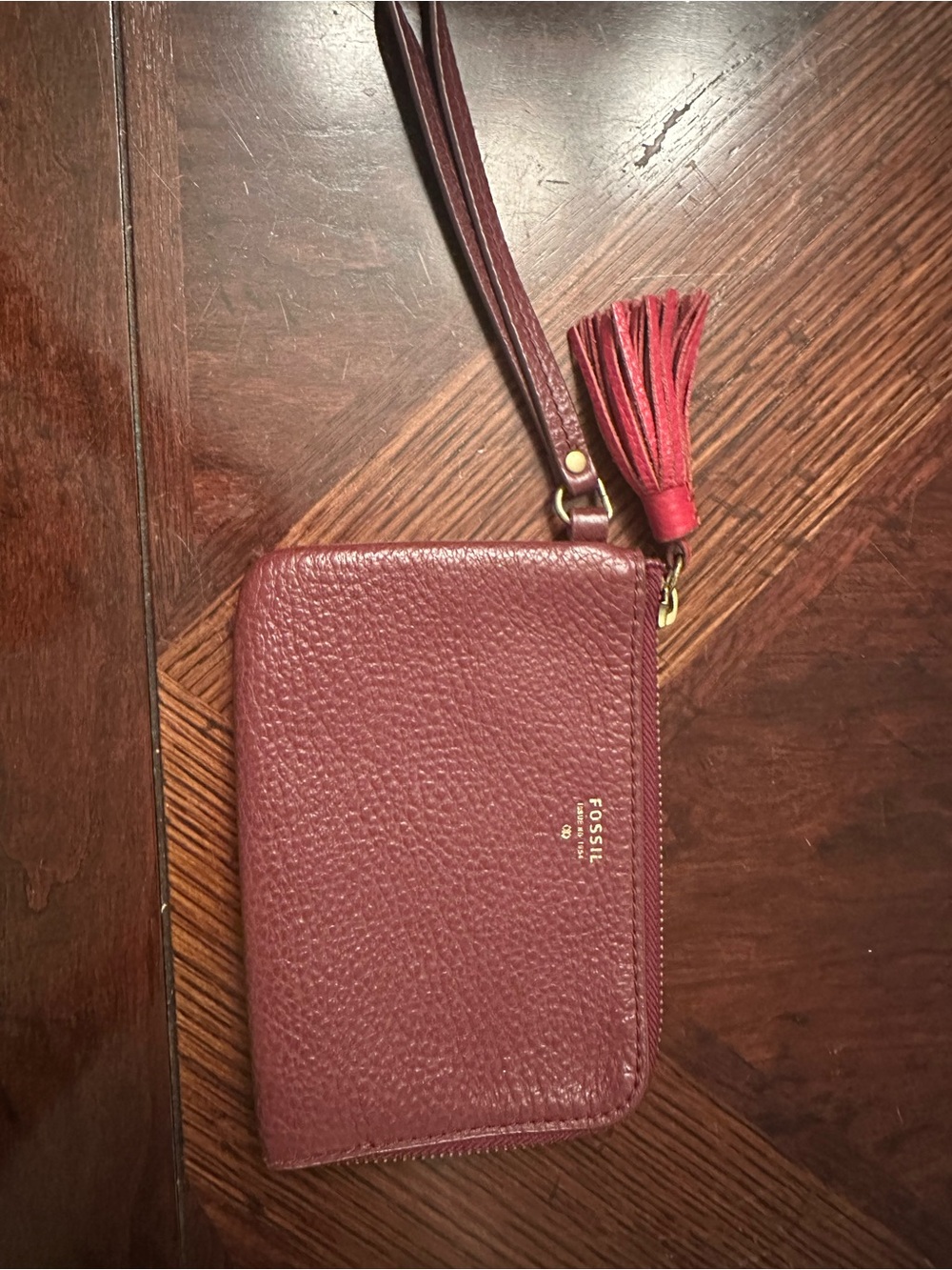 Fossil Plum Pebbled Leather Wristlet with Tassel